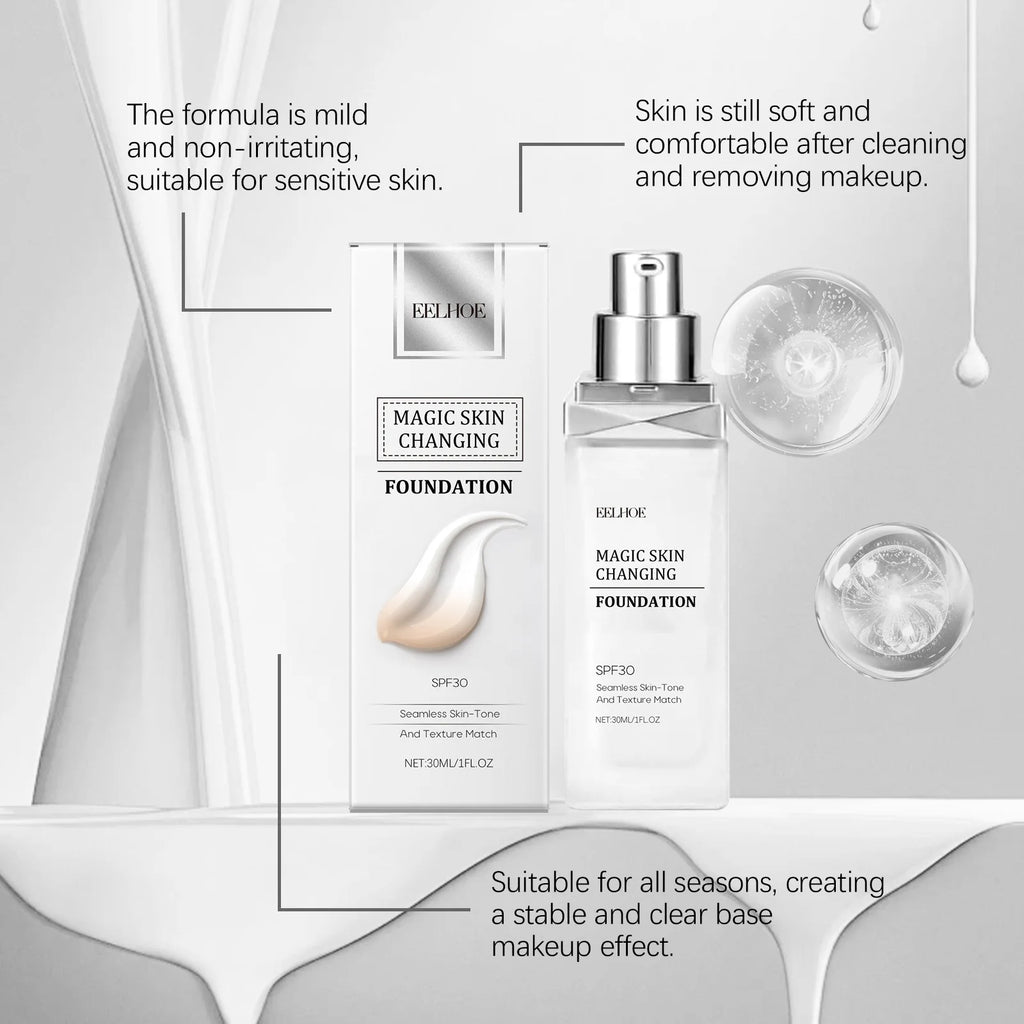 Color Changing Foundation Liquid Waterproof Oil Control Matte Brightening Face High Coverage Base Makeup Foundation 30Ml